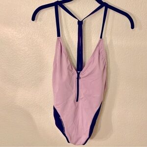 NEW Swimsuit XS One-Piece Lilac Dusty Rose Black Zip-Up Chest TVK Swimwear